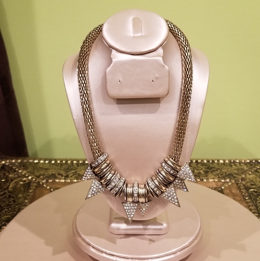 Gold And Rhinestone Statement Necklace With Spike Detail